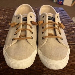 Sperry Top Sider Women Tan Linen Canvas Slip On Sneaker...Size:9M
